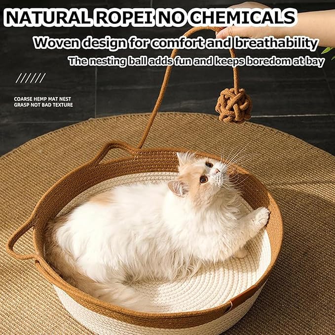 Instinct Basket, Stimulicat Cat Bed, Stimulicat Cat Bed Rope Cotton with Cushion, Eliminates Bed Rejection Round Pet Basket, Boho Catbed for Cats Handwoven Scratchable Breathable Weave (Large)