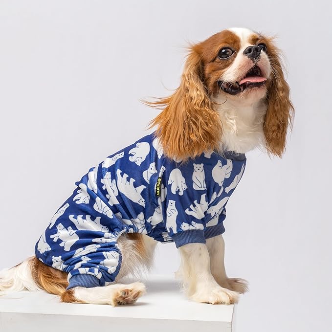 Fitwarm Polar Bear Dog Pajamas, Dog Clothes for Small Dogs Girl Boy, Pet Onesie with Feet, Cat Outfit, Lightweight Velvet, Royal Blue, White, Large