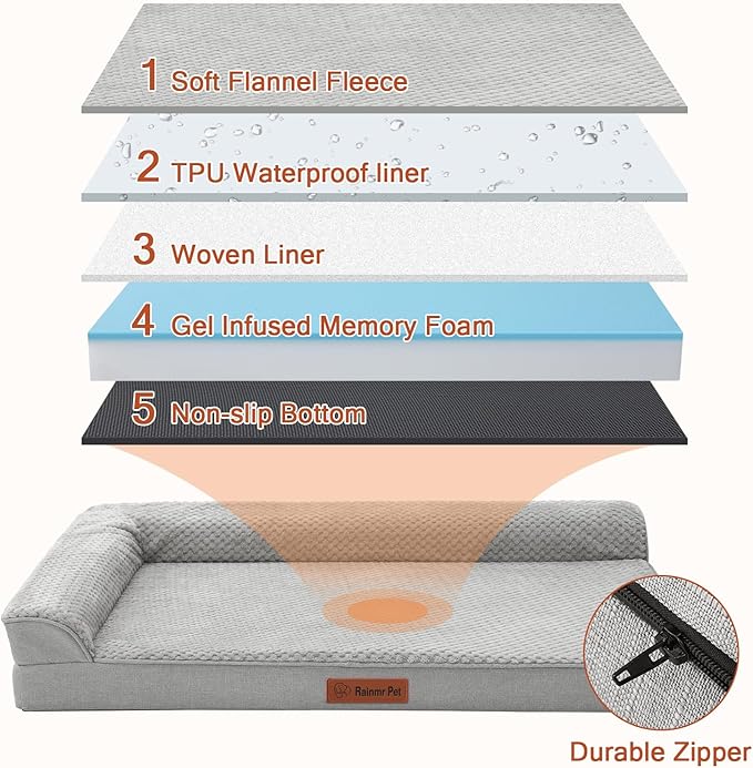 Orthopedic Dog Beds Large Sized Dog, Memory Foam Pet Bed for Large Dogs, Washable Removable Cover, Nonskid Bottom, Waterproof, 41x27x6 Inches, Light Grey