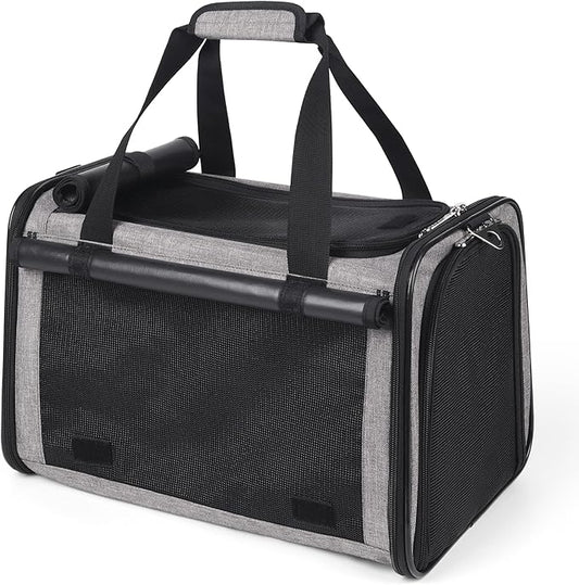 YUDODO 25 lbs Lightproof Soft Sided Large Cat Carrier for Small Dog Pet Airline Approved Travel Bag Puppy Carriers with Side Pockets & Reflective Mesh, Foldable Portable for Outdoor Car Grey
