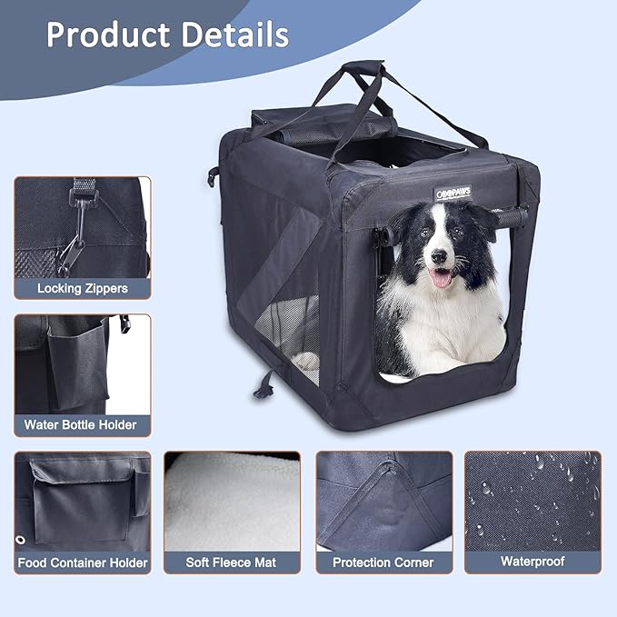 JESPET 30'' Soft Dog Crates Kennel for Pets, 3 Door Soft Sided Folding Travel Pet Carrier with Straps and Fleece Mat for Dogs, Cats, Rabbits, Grey Blue, Beige & Black (30?�L x 21?�W x23??H, Black)