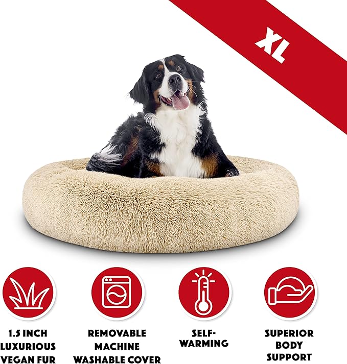 The Dog’s Bed Sound Sleep Donut Dog Bed, XL Beige Fur Calming Nest Bed Removable Cover