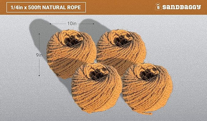 Sandbaggy Sisal Rope Twine 1/4 inch x 500 ft | Industrial Grade (4 Rolls)