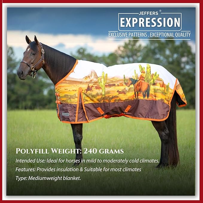 Jeffers Expression 1200 Denier Standard Neck Turnout Blanket, Cattle Drive Pattern, 69" - Waterproof, Breathable Horse Blanket with 240 gram Polyfill, Ideal Protection for Winter, Medium Weight