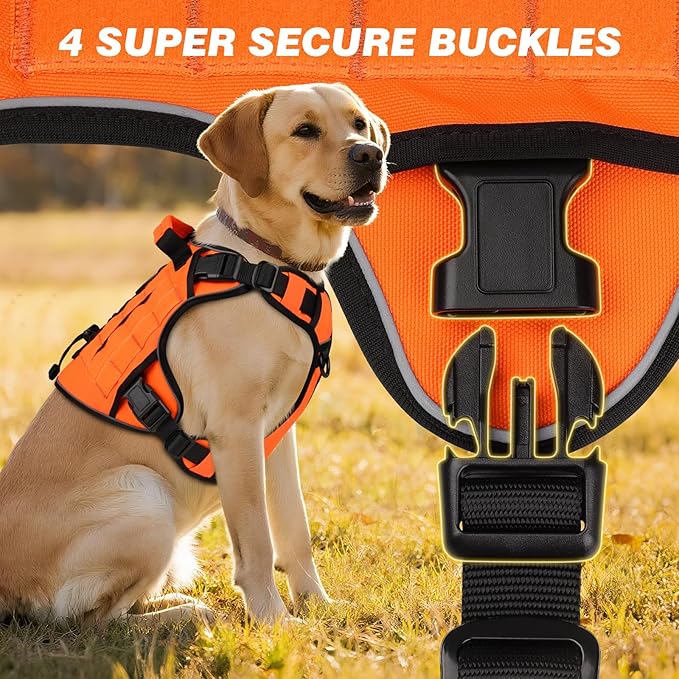 WINGOIN Orange Tactical Dog Harness for Large Dogs, Heavy Duty No Pull Dog Harness with Handle, Adjustable Reflective Military K9 German Shepherd Big Size Dog Vest for Walking, Training, Hunting (L)