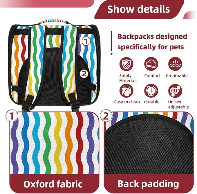 Colorful Wavy Pattern Rainbow Pet Carrier Airline Approved Soft Sided Portable Cozy Travel Pet Bag, Car Seat Safe Carrier for Cats and Dogs