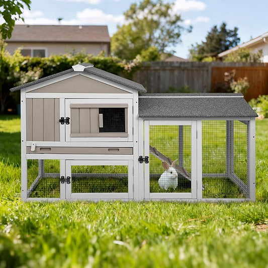 Rabbit Hutch 2-Story Bunny Cage with Chew-Proof Ramp Slide for Indoor Outdoor Guinea Pig Cage with Cleaning Tray & Waterproof Roof for Small Bunny Rabbit Chicken