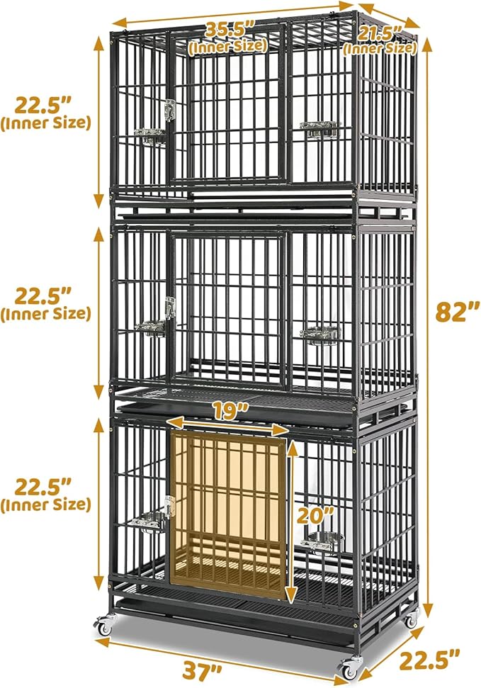 3 Pack Three Tiers 36 Inch Heavy Duty Stackable Dog Crate for Medium Dogs, Indestructible Escape Proof Dog Crate Cage with Bowls & Lockable Wheels, Double Door, Removable Tray and Metal Grids
