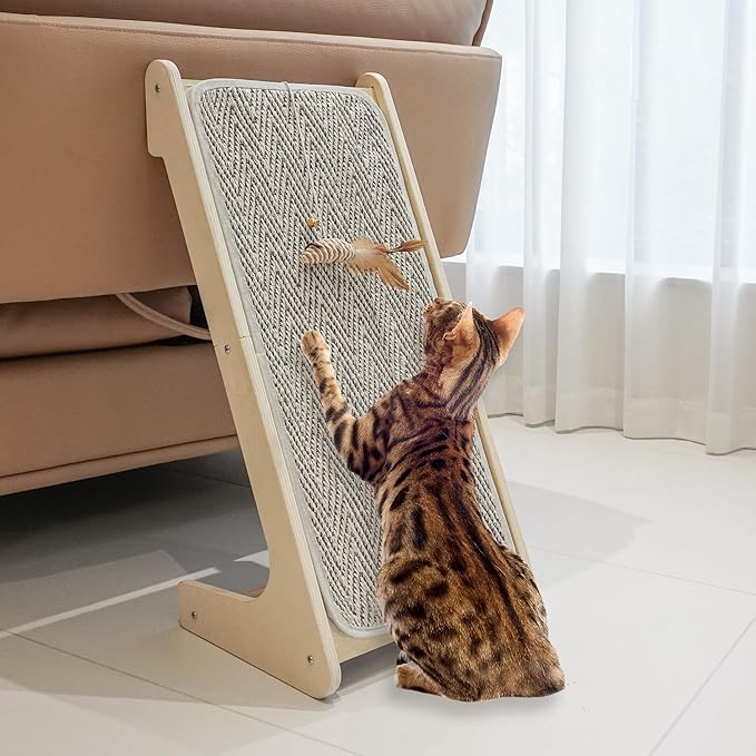 PETKARAY Cat Scratcher, Sisal Cat Scratching Ramp, L Shape Scratch Board for Indoor Kitty, 27" Wall Furniture Protector with Mouse Toy, Chevron