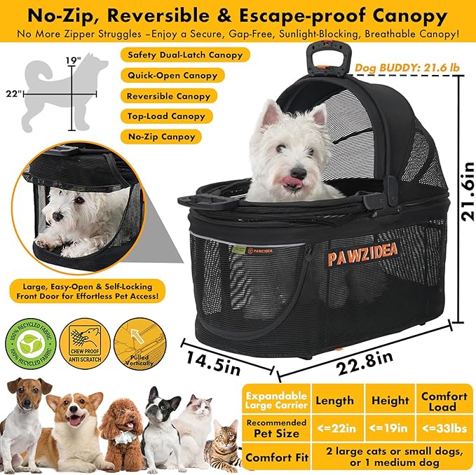 PAWZIDEA Portable Small Dog Crate for Car Travel, Enclosed Pet Car Seat for Small/Medium Dogs Cats up 33lb, Reversible No-Zip Canopy, Soft-Sided Pet Carrier Basket, Collapsible Dog Kennel, Metal Frame