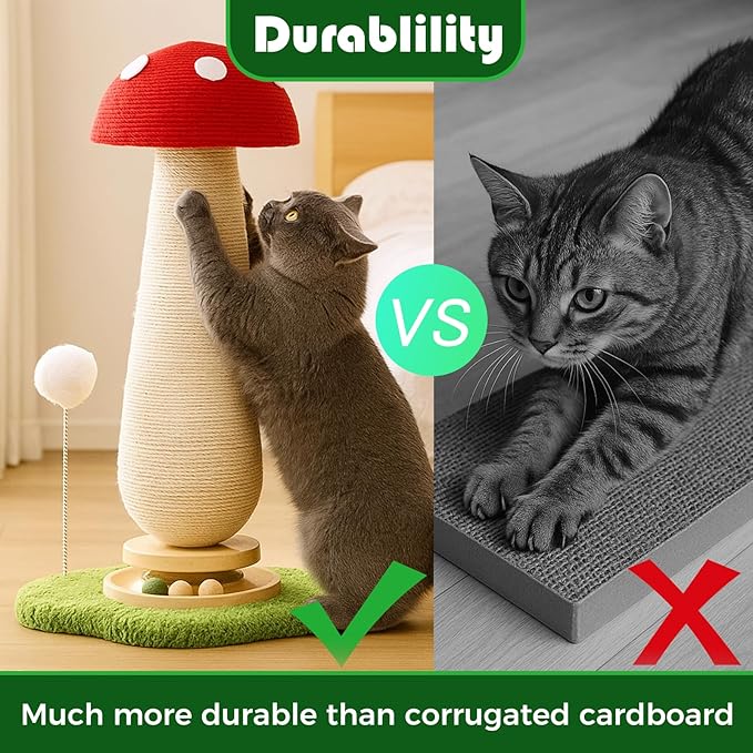 DFQ Mushroom Cat Scratching Post,Scratcher for Indoor Adults Cats, Kitty Tree with Catnip Ball Track Spring Fur Ball,Durable Sisal Toy,Kitten Tower with Durable Solid Wood,25.2''-Red