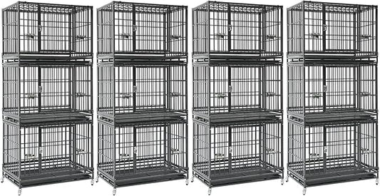4 Pack 3 Tiers 36 Inch Heavy Duty Stackable Dog Crate for Medium Dogs, Indestructible Escape Proof Dog Crate Cage with Bowls & Lockable Wheels, Double Door, Removable Tray and Metal Grids