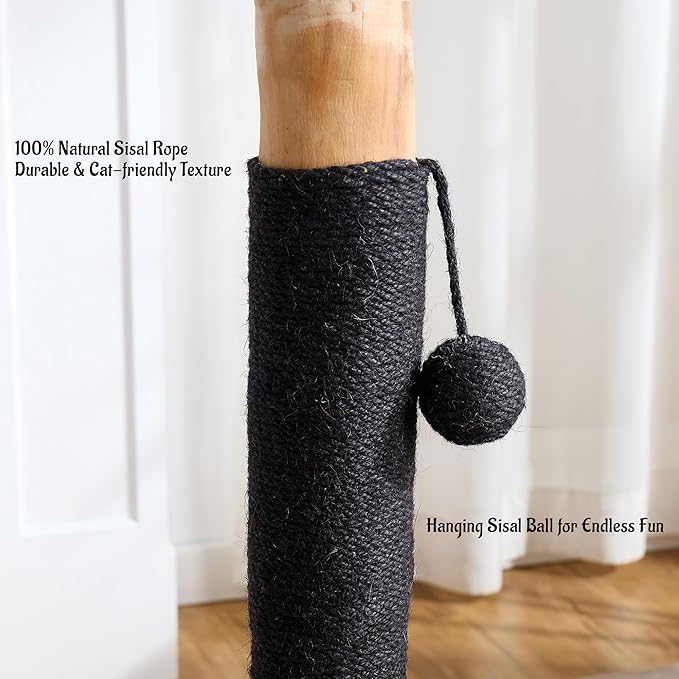 29" Tall Cat Scratching Post with Sisal Scratcher, Extra-Stable & Natural Solid Rubber Wood Base, Hanging Ball Toy for Indoor Cats Adults & Kittens, Black