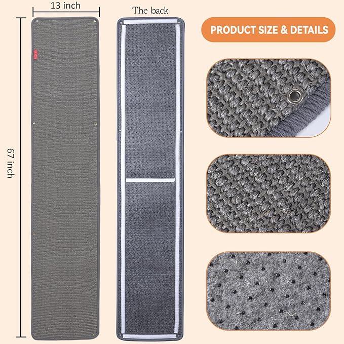 66.93x13.38x0.32 inch Thickened Cat Wall Scratcher Carpet, Cat Climbing Wall, Durable Cat Wall Furniture, Tall Cat Scratching Post, Wall Scratchers for Indoor Cats Sofa Protector (Grey-Velcro Strap)