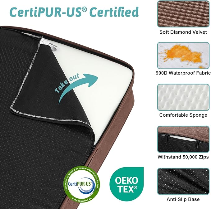 Orthopedic Dog Beds for Large Sized Dog, XL Bolster Pet Couch with Waterproof Lining, Egg Crate Foam Sofa for Pets Up to 100 lbs, U-Shaped, 44x32x7 inch, Brown
