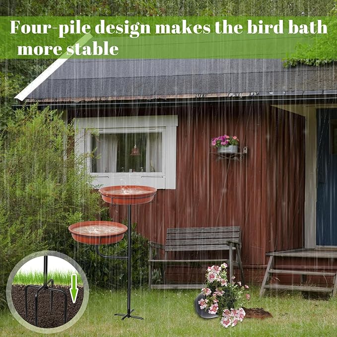 Freestanding Birdbaths Bowl Outdoor, Standing Garden Bird Bath Bird Feeder & Bird Bath Bowl, Detachable Decoration Spa Birdfeeder for Garden Patio Yard Lawn, 4 Spiky Metal Stake (Brown)
