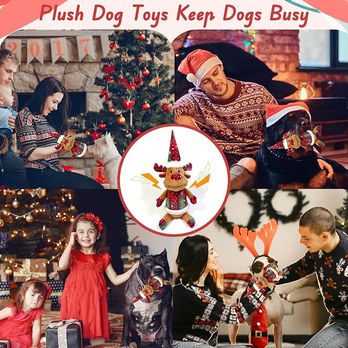 Christmas Dog Squeaky Toys with Crinkle, Xmas Interactive Plush Dog Toys, Dog Enrichment Chew Toys to Keep Them Busy, Dog Toys for Small Medium Large Size, Puppy Toys (Hat Deer)