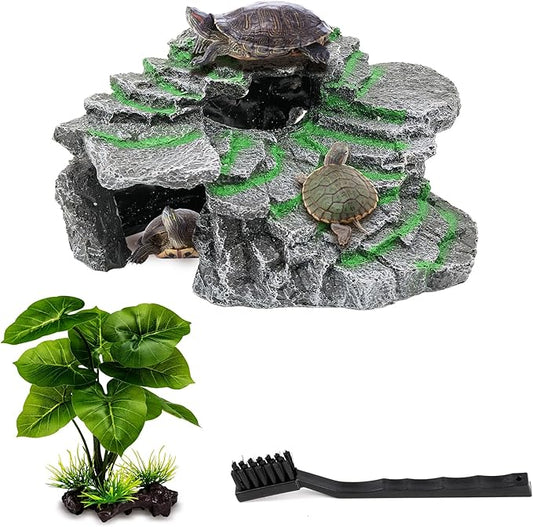 Turtle Basking Platform, Reptile Habitat Hideout, Decorative Resin for Aquarium & Terrarium, Including Artificial Plant and Cleaning Brush.(C-Medium-Black)