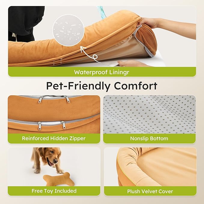 Jumbo Orthopedic Dog Bed, Big Dog Beds for Extra Large Sized Dogs with Full-Surround Bolsters, Dual-Sided Dog Cooling Bed with Memory Foam, Washable Pet Sofa Couch with Nonslip Bottom, Brown