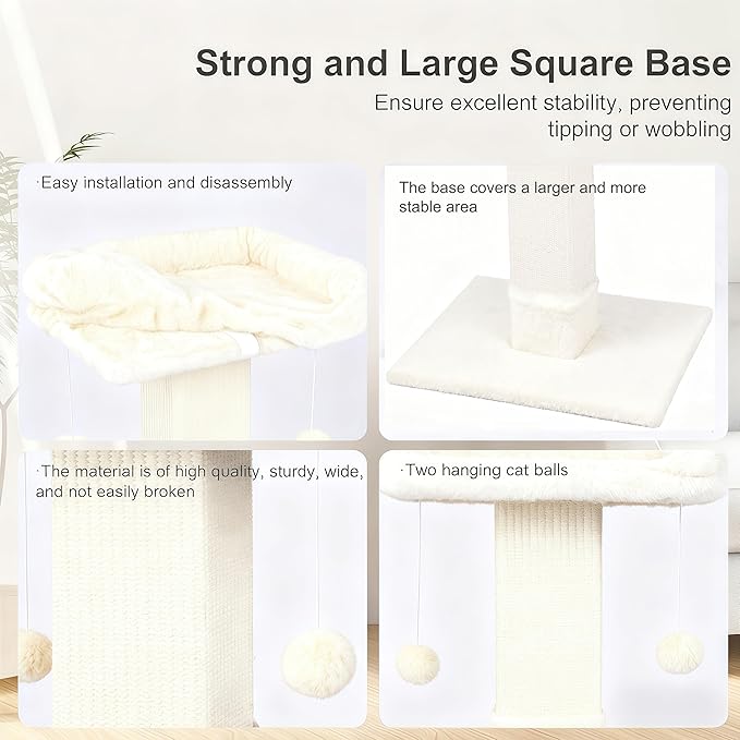 34" Cat Scratching Post for Indoor Cats, Sisal Cat Scratcher with Plush Perch and with Two Dangling Balls, Large Scratch Post with Bed, Removable Cover, Sisal Fabric