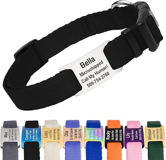 GoTags Personalized Dog Collar with Nameplate, Adjustable Dog Collar with Custom Engraved Slide On Pet ID Tag in Stainless Steel, Silent, No Noise Dog Tag for Large Medium and Small (Black, Large)