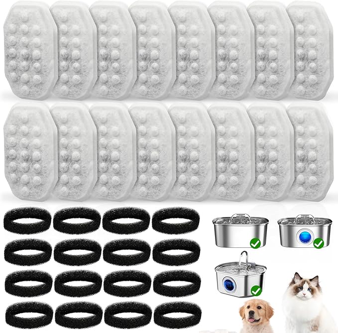 32 Pack Cat Water Fountain Replacement Filters & Pre-Filter Sponges for 108oz/3.2 Stainless Steel Pet Water Fountain