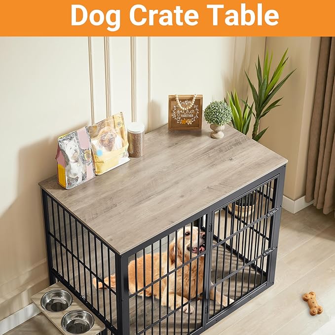 Dog Crate Furniture, 48 Inch Dog Kennel Furniture, Wooden ?�ƒog Crate Furniture Large Breed with Rotating ?˜‹og Bowls, Heavy Duty ?——og Cage Furniture Indoor,Decorative Dogs Crates End Table,Gray