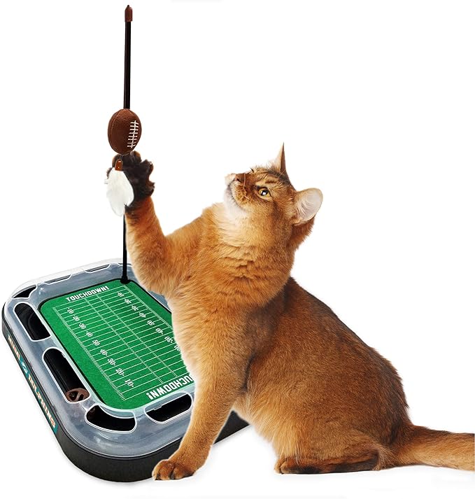 Cat Football Field NFL MIAMI DOLPHINS FOOTBALL FIELD CAT SCRATCHER TOY with CATNIP Filled Plush FOOTBALL Toy & Feather Cat Toy hanging, with Jingle Bell INTERACTIVE BALL Cat Chasing 5-in-1 KITTY Toy