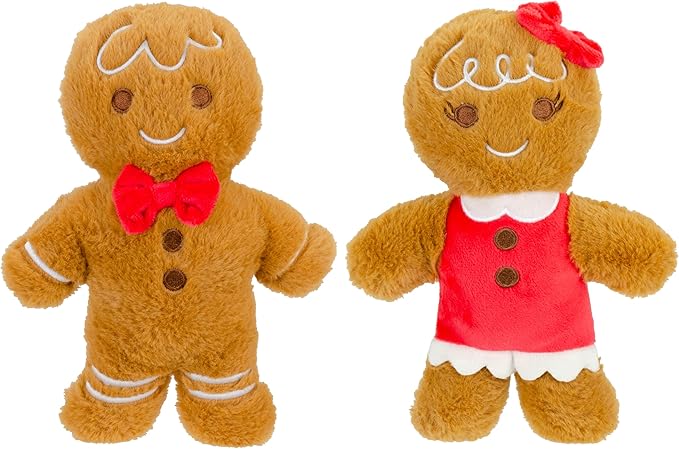 Holiday Plush Pet Toy Fun for Christmas Designs with Squeaker Dog Chew Toy (9" Gingerbread Duo w/Squeaker)