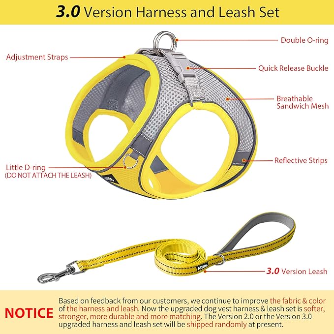 AIITLE Dog Harness, Summer No-Pull Cat Harnesses with a Leash, Adjustable Reflective Puppy Vest, Pet Vest Escape Proof, Outdoor Walking, Camping for Extra Small Dogs and House Cats Yellow XXXS