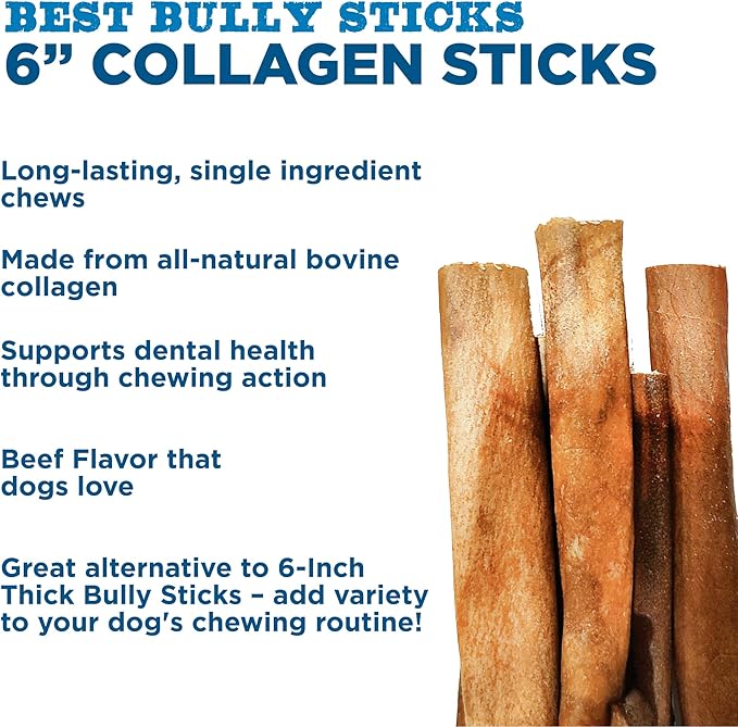 Best Bully Sticks 6 Inch Natural Collagen Sticks for Dogs - 5 Count (Pack of 1) - Long-Lasting, Rawhide Free, Beef Treat