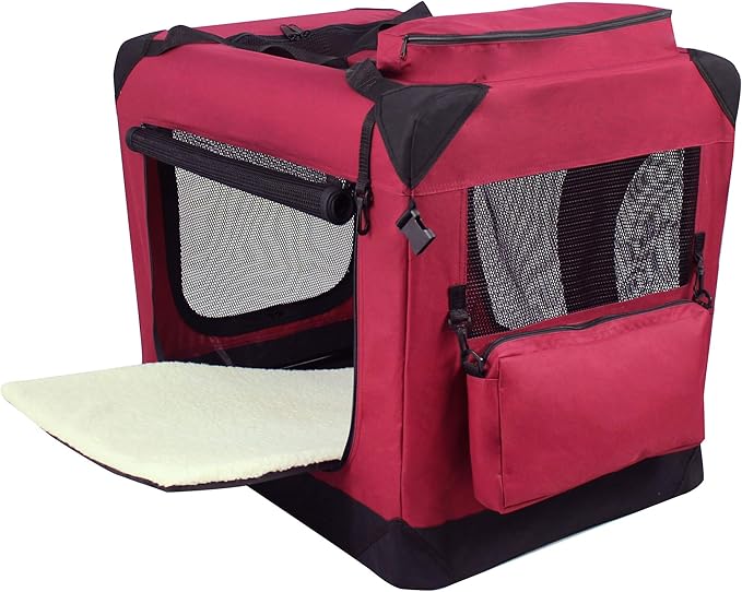 EliteField 3-Door Folding Soft Dog Crate with Carrying Bag and Fleece Bed (2 Year Warranty), Indoor & Outdoor Pet Home (24" L x 18" W x 21" H, Maroon)