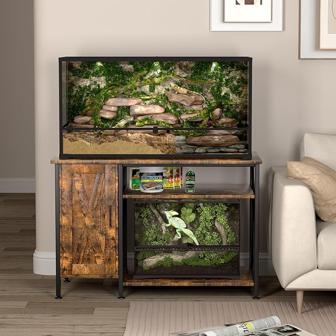 40-120 Gallon Reptile Tank Stand with Power Outlet, Terrarium Stand with Storage Cabinet, 48" X 24" Tabletop, Reptile Terrarium,Turtle Tank Rustic Brown PG08XYN