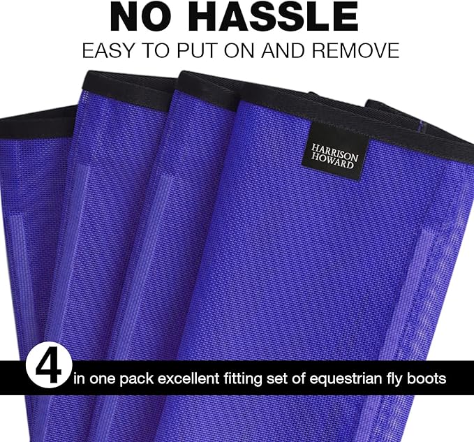 Harrison Howard Loose Fitting Fly Boots UV-Protective Extra Tough Mesh Ventilated Four Fasteners Stay-on Design Protect Horse Legs & Stomp-Reducing Set of 4 Deep Navy Small