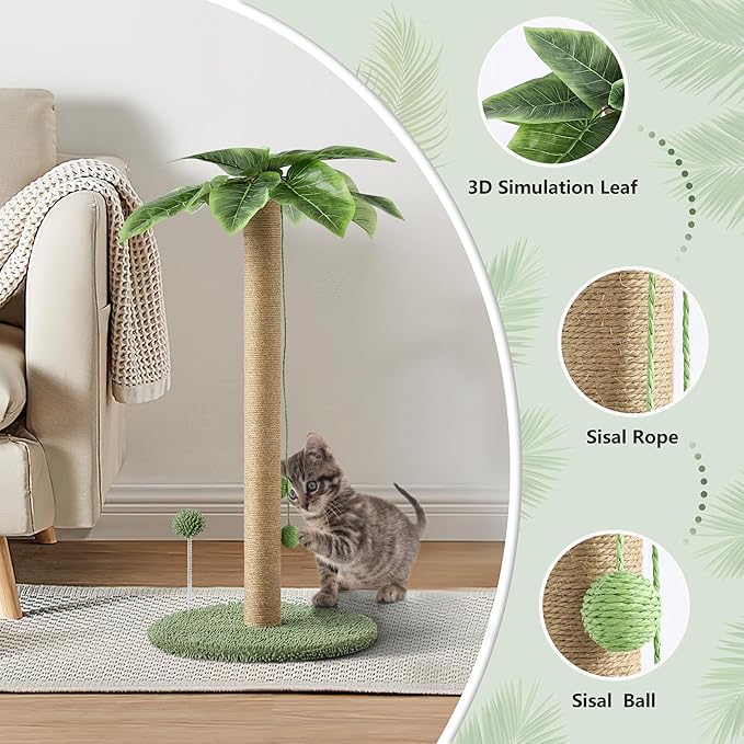 KIGOTY Cat Scratching Post Cat Scratcher, 33 inch Tall Scratching Post with Sisal Rope,Cute Cat Tree with Hanging Interactive Ball, Spring Ball Toys