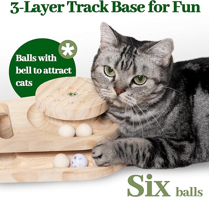 Meowoou Cat Scratching Post Cat Scratcher Interactive Toy with Dangling Ball for Indoor Kitten 2 Layer Base Wooden Ball Track 17.7" Tall Modern Sisal Scratch Pole