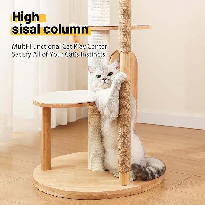 KVIDA Solid Wood Cat Tree 54.7" – Modern Floor Cat Tower for Large & Multiple Cats, Stable Rubber Wood Design with Hammock, Sisal Scratch Posts & Easy-Clean No-Carpet Platforms