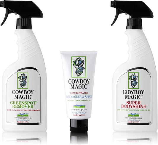 Cowboy Magic Greenspot + SuperBody Shine 16 Ounce each With Detangler & Shine 4 Ounce