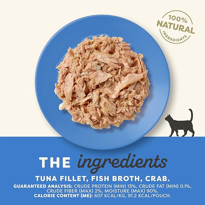 Applaws Natural Wet Cat Food in Broth, Limited and Natural Ingredients, High Protein with No Artificial Additives, Tuna Fillet & Crab in Broth (12 x 5.3oz Pouches)