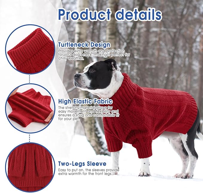Queenmore Dog Sweater Large Size Dog, Large Dogs Sweater Xmas,Turtleneck Pullover Pet Sweaters for Dogs Girls Boys,Sweater Pet L,Thanksgiving Knitted Doggy Sweater for French Bulldog(Red,L)
