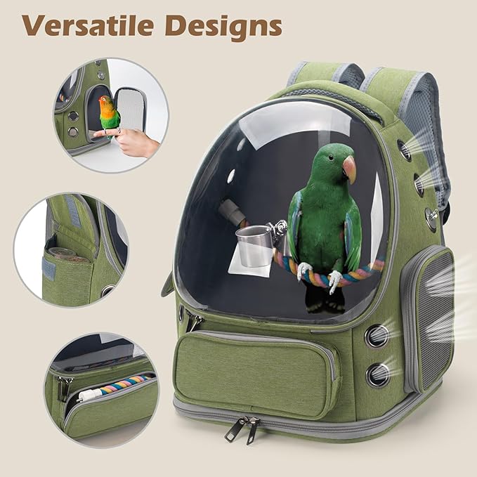 Bird Backpack Carrier Travel Cage with Perch, Tray and Breathable Clear Window, Bird Travel Cage for Cockatiel Caique Conure Quaker, for Vetting Camping Hiking (Green)