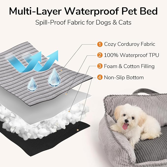 FUKUMARU Dog Couch Bed, Fluffy Corduroy Cat Beds for Indoor Cats with Washable Cover, Waterproof Small Dog Sofa Beds with Portable Handle and Anti-Slip Bottom, Pet Beds & Furniture 28inch, Grey