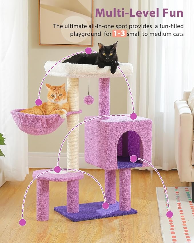 Cute Cat Tree - 35.4" Purple Cat Tower Cat Condo for Indoor Cats w/Removable Cloud Bed, Cozy Metal Frame Hammock, Sisal Scratching Post, and Replaceable Toy Ball, for Small-medium Cats, Purple