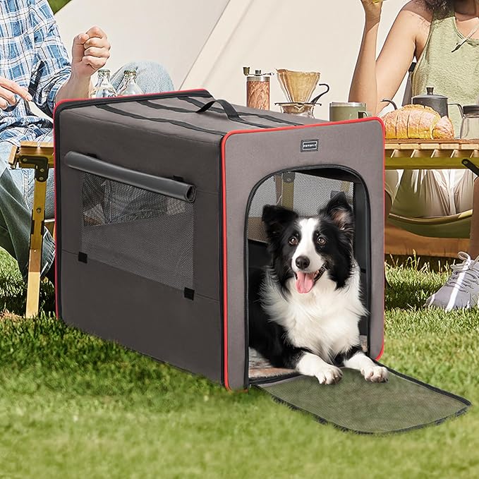 PETSFIT Collapsible Dog Crate, Portable Dog Crate - 31 Inch with Thicken Mat, Easy to Fold, Sturdy and Portable, Perfect for Traveling, Dog Travel Kennel Army Green