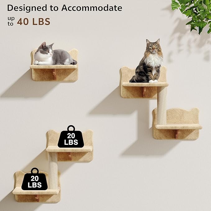 9-in-1 Cat Wall Shelves, Wall Mounted Cat Furniture Set with Plush Fabric, Cat Climbing Wall Systems, Cats Shelf Furniture with Condos, House, Steps, Bridge Ladder, Scratching Post, Beige