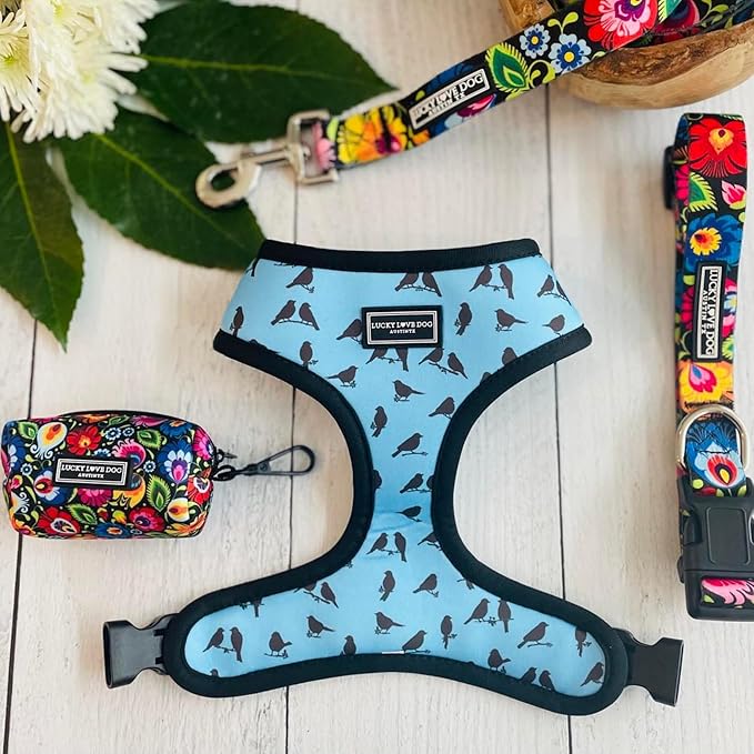 Lucky Love Dog, Soft Reversible Harness Vests, Vivid Floral Dog Vest Harness for Small Female Dogs, Stylish Dog Accessory, (Blackbird, Small)
