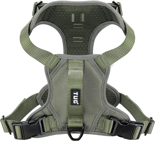 TUG Dog Harness with 2 Leash Connection Points | Adjustable, Padded, Lightweight | Handle on Back | No-Pull Front Clip (Medium, Green)