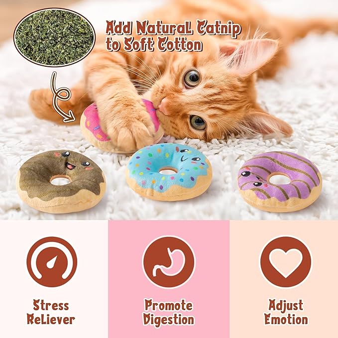 L1rabe Donut Catnip Stuffed Toys - Christmas Winter Gifts 5Pcs Funny Dessert Organic Cat Toys Pet Supplies, Indoor Cats Chew Bite Teething Tools Kittens Catmint Birthday Gifts Interactive Supplies
