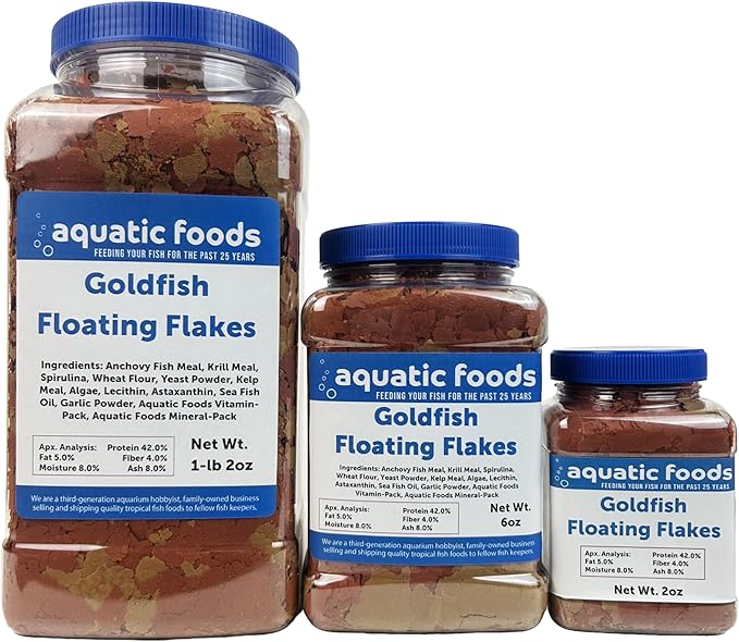 Aquatic Foods Inc. Premium Goldfish Flakes, 42% Protein Color Enhancing and Spirulina Flakes for Aquarium, Koi and All Pond Fish Also Pellet Mix, Wafer Mix Included…1-lb 2oz