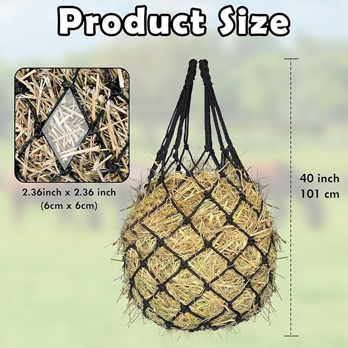 2PCS Hay Net for Horses - Ultra Slow Feed Hay Net with 2 Pairs Gloves, 2.36"x2.36" Holes 40” Heavy-Duty Horse Slow Feed Hay Nets for Stall, Trailer, Pasture - Strong & Durable Hanging Feeders